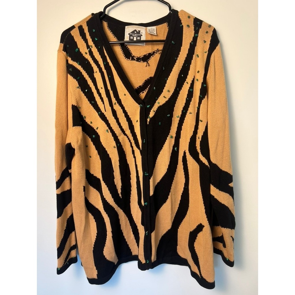 VTG Storybook Knits Cardigan Sweater 1X Tan Black Zebra Print Beaded V-Neck‎ Art